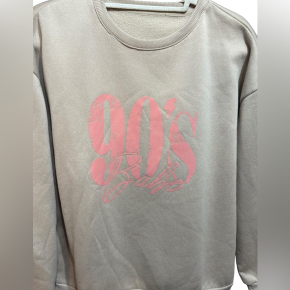 90’s Babe Graphic Sweatshirt Beige Pink Retro Pullover Sz L Y2K Cozy Oversized - Picture 5 of 7